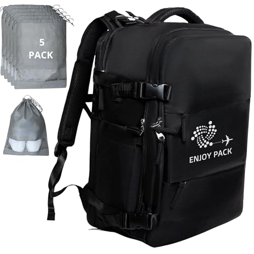 Travel Shoe Bag with 5 Cloth Shoe Bags for Traveling-Shoe Backpack Storage with Compartment for 4 Pairs-Waterproof, Multi-Use Pockets Carry on Shoe Travel Case for Clothes, Gadgets & More (Black)