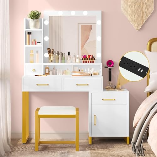 Image of YITAHOME Vanity Desk with Mirror and Lights | Makeup Vanity with Power Outlet, Makeup Table with 3 Lighting Modes Brightness Adjustable, Drawers, Cabinet, Storage Stool