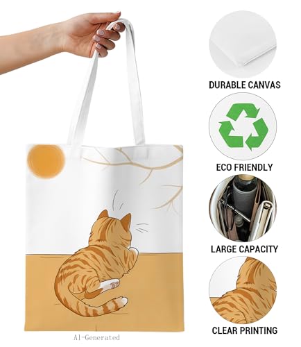 Image of Cute Cat Canvas Tote Bag for Women, Aesthetic Reusable Shoulder Bag for Shopping Travel Work