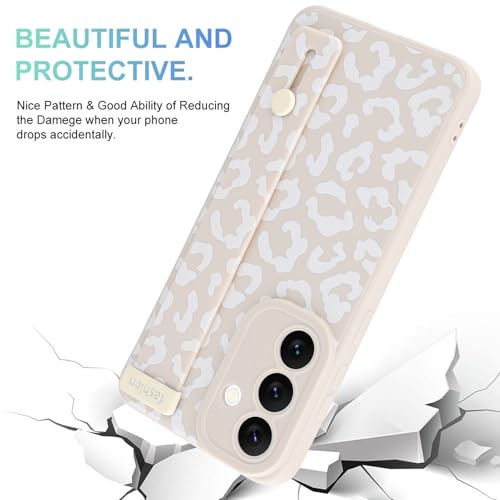 Image of Compatible with Samsung Galaxy S25 FE Case with Strap Wrist White | Cheetah Print Shockproof Soft TPU Protective Cover for Women Girls, Slim Anti Scratch Case 6.7 Inch, White