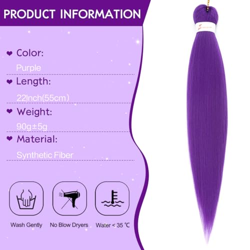 Purple Braiding Hair Pre Stretched 22Inch 90g/Pack Synthetic Hair Extensions for Braids Long Straight Crochet Hair for Stage Party Halloween Costume Cosplay (4 Packs, Purple) — view 2