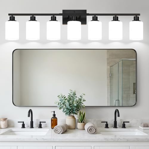 Image of Indoi 7-Light Bathroom Light Fixtures, Matte Black Modern Vanity Lights with Milky White Shades, Bathroom Wall Lamp for Mirror Living Room Cabinet Bedroom Porch