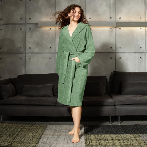 nice homeit Bademantel für Damen und Herren aus Frottee, 100 % Baumwolle, super saugfähig, mit Kapuze, weich, leicht, Anti-Pilling, hergestellt in Italien, grün, M