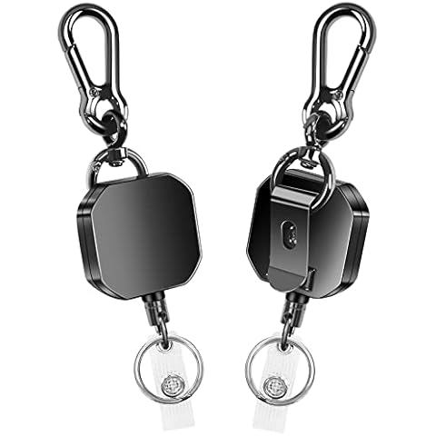 HitTopss 2 Pack Retractable Keychain, Heavy Duty Metal ID Badge Holder Key Reel, Carabiner Keychain with Belt Clip, 27.5" Steel Retracted Cord with Key Ring, 10,000+ Rebound, Reinforced ID Strap Cover