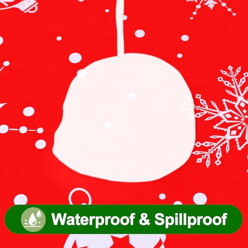 Image of Smiry Christmas Table Cloth, Flannel Backed Vinyl Tablecloth, 60 inchx120 inch | Waterproof Bell & Snowflake Plastic Tablecloths, Wipeable Table Cover for Christmas Table Decorations (White & Red)