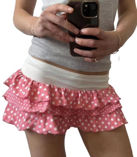 Women Y2k Ruffle Mini Skirt Low Waist Polka Dot Pleated A Line Short Skirt Boho Summer Beach Skirts(Polka Dot Pink,L)