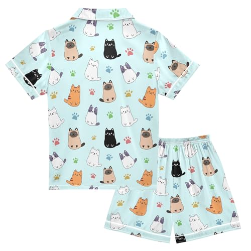 Cute Cartoon Simple Cats Summer Satin Pajama Set, Cute Button-Down Sleepwear Pj Set for Sleep Wears2