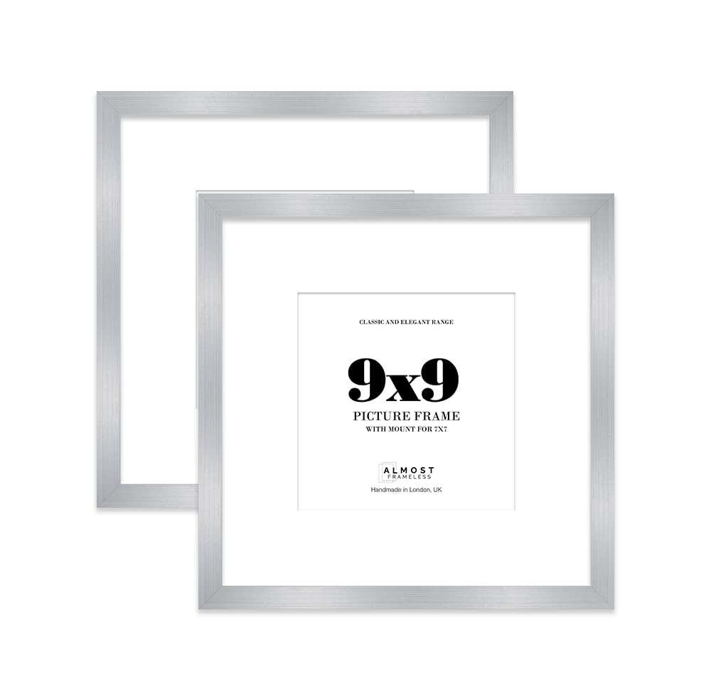 9x9 Silver Picture Frame with Mount for 7x7 Photos, Prints - Modern Square Wall Frame, Set of 2
