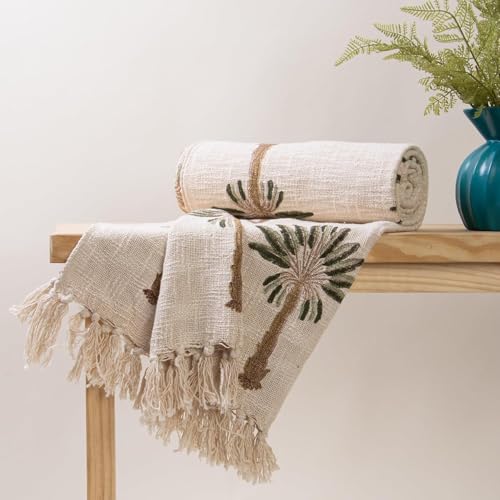 Image of 100% Cotton Jute Palm Tree Sofa Throw 127x178 cm with 2pcs Cushion Cover 40x40 cm - Beige (1 Sofa Throw with 2 Cushion Covers)