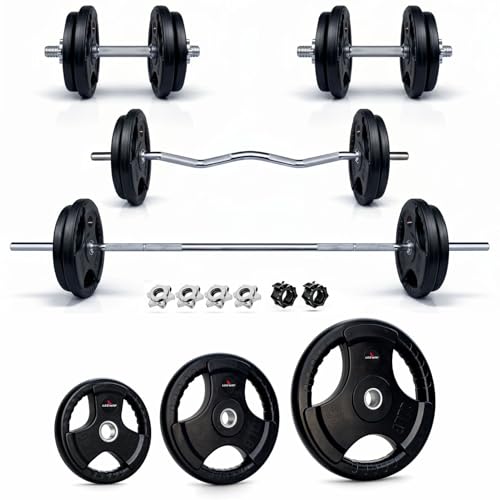 Image of Leeway 70kg Combo | Home Gym Set for Men | Barbell Rod with Plates and Dumbbell Set | Rubber Weight Plate, 3 Ft Curl + 5 Ft Rod (28mm) | Weightlifting Gym Equipments for Home Workout Kit Zym (1, Black, 70kg Set (2.5X4+5X4+10X4))
