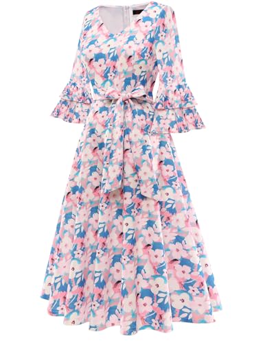Image of DRESSTELLS Women's Cocktail Dress Summer Wedding Guest Party Vintage 3 /4 Bell Sleeve V Neck A-Line Dress