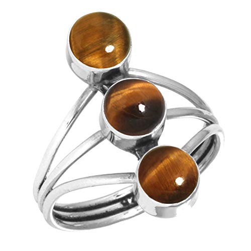 Jeweloporium Bague en argent sterling 925 avec œil de tigre marron, taille 51, pour femme, bijou bohème en pierre ronde naturelle