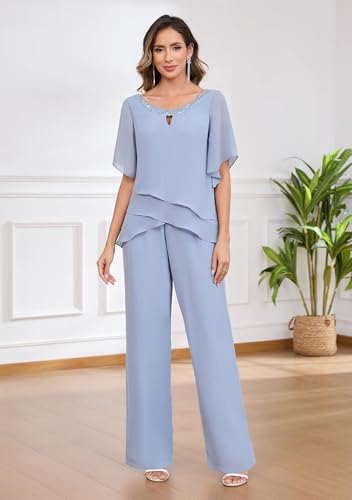 2 Piece Mother of The Bride Pant Suits for Women Half Sleeve Sparkly Chiffon Layered Formal Evening Outfits 20252