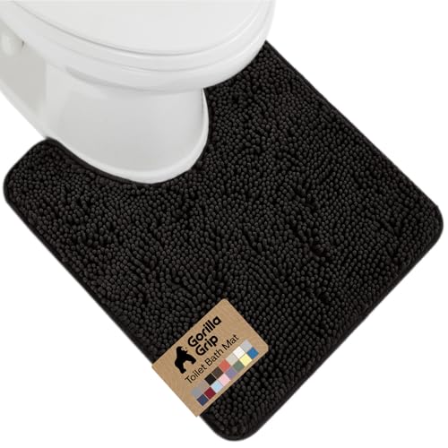 Image of GORILLA GRIP Plush Absorbent Shaggy Chenille Bath Rug Mat for Oval Toilet Base with Rubber Backing, Machine Washable Rugs, Soft Microfiber Contour Mats for Toilets, Bathroom Decor, Black