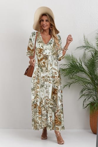 Image of Women Short Sleeve V Neck Floral Print Casual Bohemian Maxi Dresses