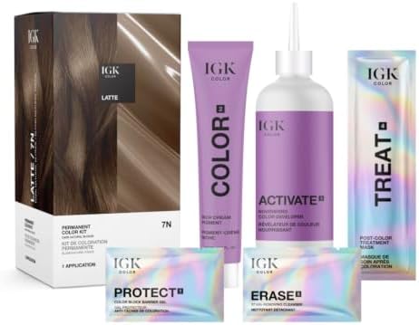IGK Permanent Hair Dye Color Kit, Latte 7N, Dark Natural Blonde