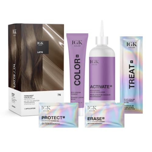 IGK Permanent Hair Color Kit | 7 N Latte - Dark Natural Blonde | 100% Gray Color Coverage + Strengthen + Shine | Ammonia Free