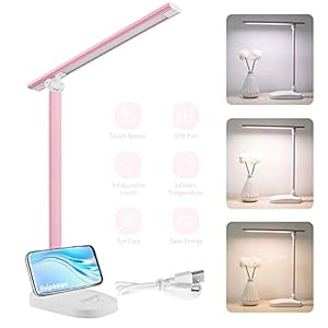 Unipampa LED bureaulamp oogverzorging touch sensitive touch control desktop licht 5 kleurtemperatuur met 5 helderheidsniveaus dimbare leeslamp voor slaapkamer, kantoor, studie (roze)