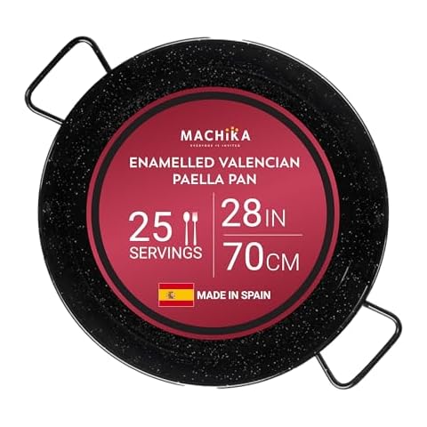 Machika Enamel Paella Pan | Paella Pan | Skillet for Paella and Rice Recipes | Perfect for Indoor & Outdoors | Easy Cleaning | Rust Proof Coating | 25 Servings | 28 inches | Cover