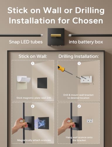 Image of KARTOOSH Peel and Stick Wall Sconces Battery Operated Set of 2, Black&Gold | 28.7in, 25-120h Run Time, Wireless, 3CCT, Dimmable Rechargeable Wall Lights with Remote for Bedroom Living Room Hallway