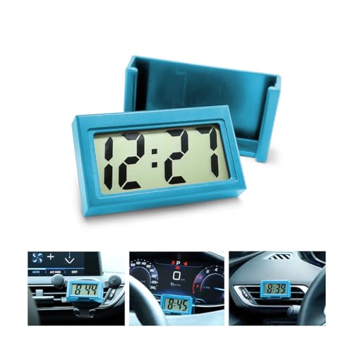 Image of Osilly Mini Digital Clock for Car Dashboard, Battery Operated & Clear LCD Screen Time Display, Small Digital Clock with Self-Adhesive Bracket (Blue)