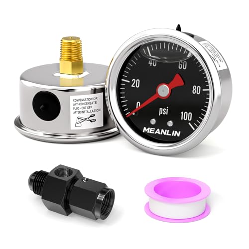 Image of MEANLIN MEASURE 0~100Psi Black Stainless Steel Glycerin Filled Pressure Gauge 1 /8 inch NPT 1.5 inch FACE DIAL, with 6AN Pressure Take Off Fitting, Liquid Filled Pressure Gauge WOG Water Oil Air Back Mount
