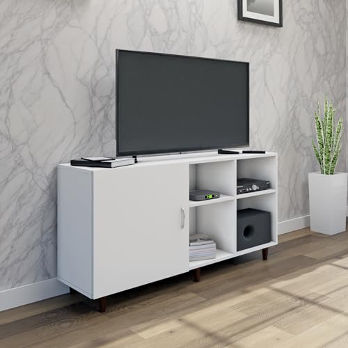 Image of VIKI Modern TV Unit for Living Room | Engineered Wood TV Cabinet with 1 Door Storage & 2 Open Shelves, Set Top Box Stand, Entertainment Unit, 140W x 74H x 40D cm | DIY | 1 Year Warranty (White)