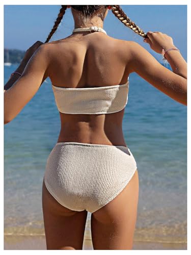 Girl's Swimsuits 3 Piece Textured Ruched Halter Bathing Suits with Drawstring Side Beach Skirts3