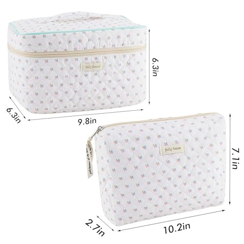 URSKYTOUS 2Pcs Cotton Quilted Makeup Bag for Women Floral Travel Large Small Cosmetic Bag Set Big Cute Makeup Pouch Portable Toiletry Bag Organizer Storage Coquette Aesthetic White Makeup Brush Bag - Thumbnail 4