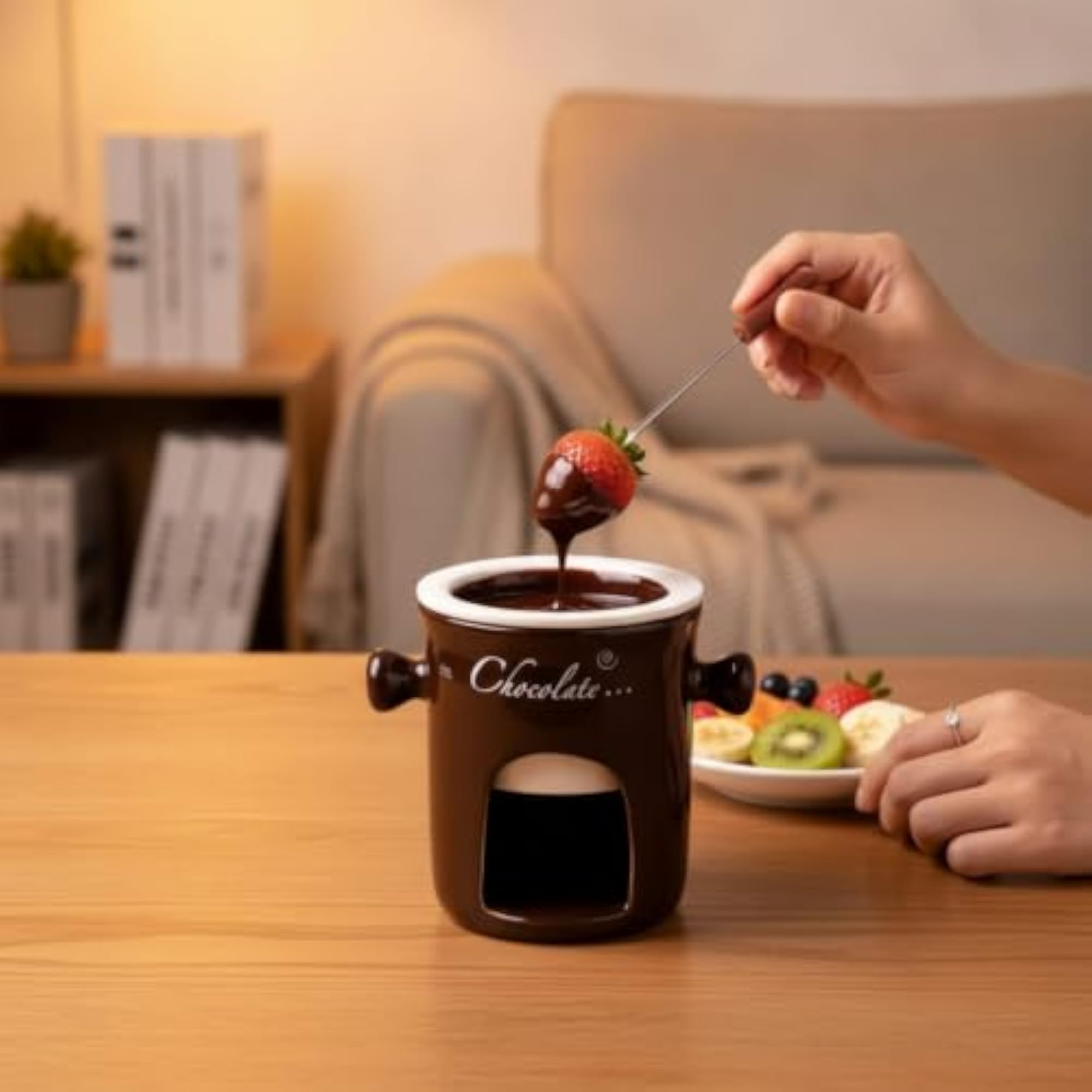 Ceramic Chocolate Fondue Mug, Heat-Resistant, Beige