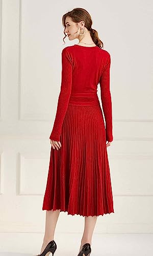 Image of Women's Long Sleeve Sweater Dress Ankle Length Fall Dress Vneck Knit Winter Dress