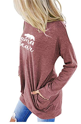 Onlyshe Womens Crew Neck Mama Bear Print Sweatshirt T Shirt Tops With Pockets Red #TOP2