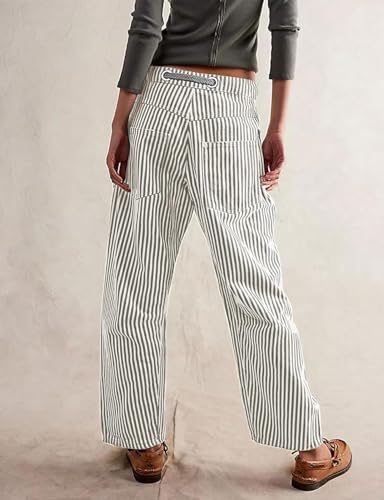 loveimgs Women Casual Boyfriend Barrel Stripe Pants Elastic Mid Rise Ankle Pants Patchwork Drawstring Pocket Wide Leg Trouser4