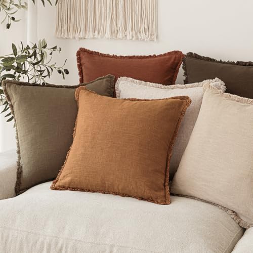 Image of Foindtower Decorative Linen Fringe Throw Pillow Covers Cozy Boho Farmhouse Cushion Cover with Tassels Soft Accent Pillowcase for Chair Sofa Bed Living Room Home Decor, 22x22 Inch,1PC,Orange