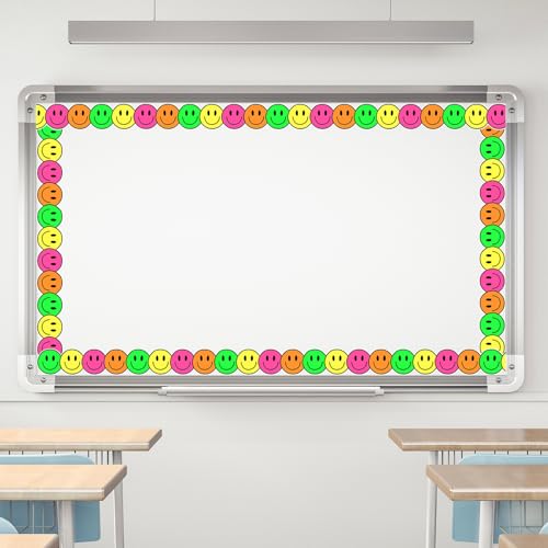 Image of Whaline 32.8ft Neon Happy Face Bulletin Board Border Bright Color Smile Face Die-Cut Border Trim for Back to School Chalkboard Wall Decoration