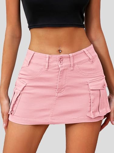 Image of ELLEVEN Low Rise Denim Mini Skirt for Women High Stretch Jean Skirts | Women's Sexy Bodycon Cargo Denim Skirt with Pockets, Y2K Casual Jean Style, Trendy Summer Outfits