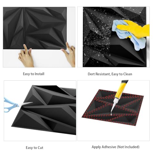 Decorative 3D Wall Panels, 33 Pack Textured PVC Tiles 12x12 Inch, Black - Covers 33 Sq Ft, Modern Wall Art for TV Wall & Game Room, Waterproof & Cuttable (Glue Required) — view 6