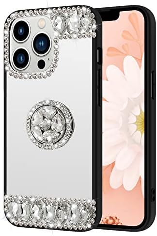 Jicekry Compatible with iPhone 14 Pro Max Mirror Case with Ring Holder Bling Diamond Glitter for Girls Women Makeup Cute Sparkly Shiny Rhinestone Kickstand Finger Grip Stand Luxury Phone Case Silver