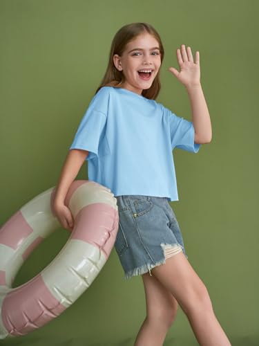 Image of Girls Athletic Oversized Crop Tops Kids Drop Shoulder Short Sleeve T Shirts Workout Tees 5-14 Years