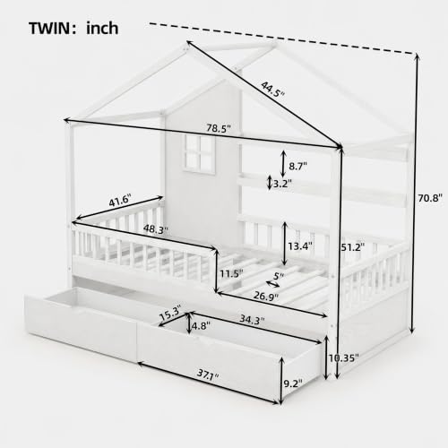 Image of Bellemave Twin House BedFrame with Canopy and Storage Drawers, Montessori Bed, House Bed with Rails for Kids, White