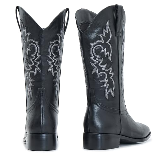 Image of Cowgirl Boots Square Toe Cowboy Boots For Women Ladies Mid Calf Low Heel Flat