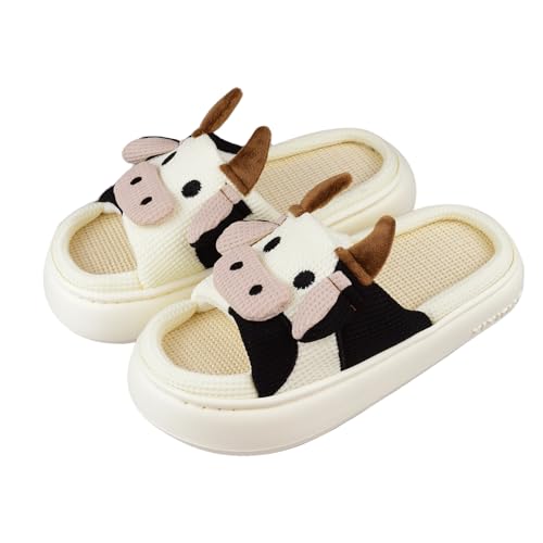 XIXITIAO Cow Slippers for Women/Men Indoor, Cute Cartoon Animal House Shoes, Comfortable Cotton Linen Bedroom Kawaii Cloud Slides