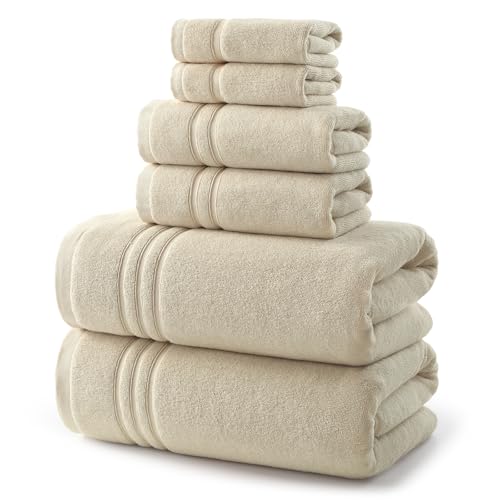 REDKISS Beige Towels Set 6 Piece Cotton Towel Sets with 2 Bath Towels 2 Hand 2 Washcloths 650GSM Hotel Quality Soft Highly Absorbent Towels for Bathroom Gym Ideal Everyday Use