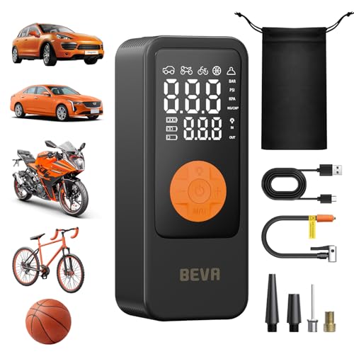 BEVA Elektrische Luftpumpe, Tragbare Akku Fahrradpumpe & Kompressor (150 PSI) mit Alle Ventile,LED-Licht, Auto-Abschaltung, Wiederaufladbar, Luftpumpe Elektrisch für Auto, Motorrad, Fahrrad, Bälle