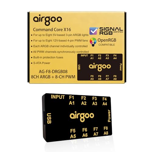 Airgoo Command Core X16, Magnetic 8-Channel ARGB Controller & 8-Channel PWM Fan Hub 2 in 1, Compact SATA Powered PC Lighting & Fan Hub for Mid-Tower Cases, SignalRGB & OpenRGB Compatible, AG-F8-DRGB08