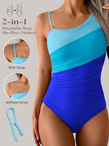 Image of Aidonger One Shoulder One Piece Swimsuit for Women Tummy Control Bathing Suits Color Block Ruched Swim Suit Slimming Swimwear