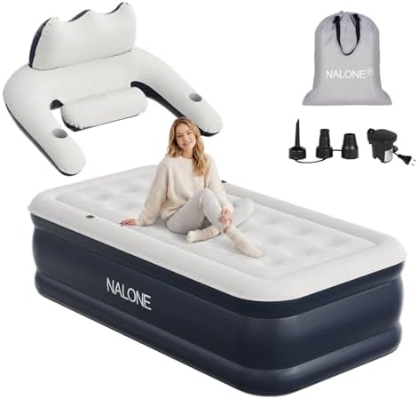 NALONE Luftmatratze 1 Personen, Luftmatratze mit Rückenlehne und Integrierter Pumpe, 190x100x45cm Luftbett Selbstaufblasend in 3 Minuten, Aufblasbare Matratze für Camping & Heimgeb