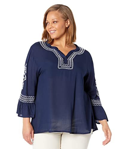 Roper Plus Size Rayon Challis Peasant Blouse W/Geometric Embroidery Blue 3X #TOP21