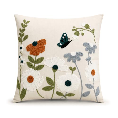 Xecamuvila Funda de cojín 45x45 con Bordado Floral – Funda Decorativa de Estilo rústico, Funda de cojín con Flores Bordadas de Tejido Agradable para la Piel, Funda Decorativa para sofá y salón