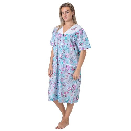 Image of Women's Short Sleeve Woven Snap-Front Closure Floral Embroidery Housecoat Duster Lounge Nightgown Robe with Front Pockets